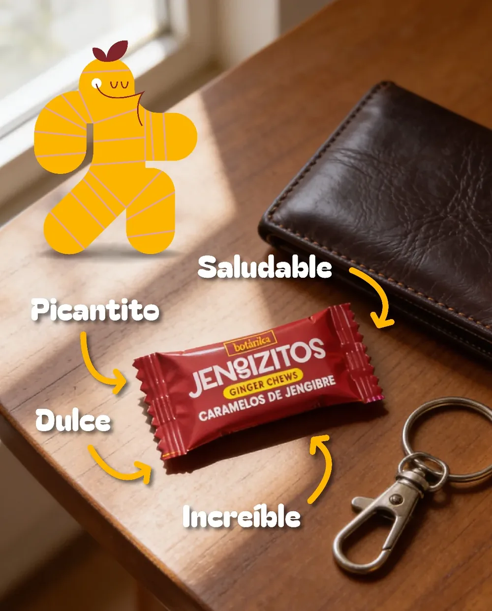 La mascota de Jengizitos junto a un caramelo envuelto, con las palabras picantito, dulce, saludable e increíble